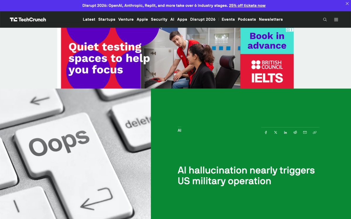 TechCrunch article page with the headline AI hallucination nearly triggers US military operation, filed under the AI section on September 18 2026