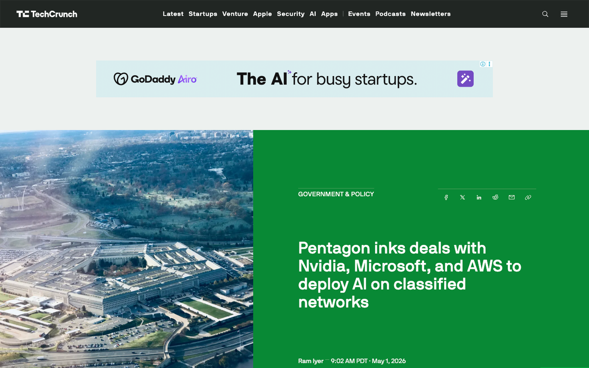 TechCrunch article on Pentagon AI deals with Nvidia Microsoft and AWS for classified networks