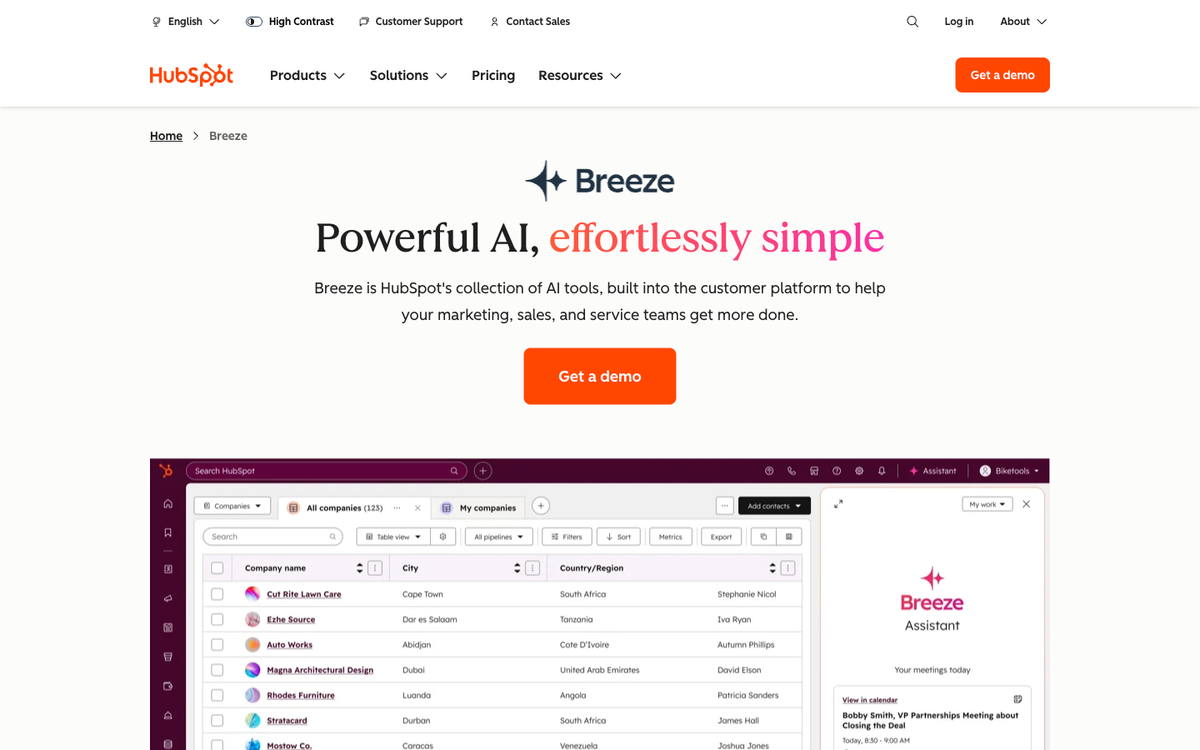 HubSpot's AI for business page showing marketing automation, CRM, and AI-powered content tools for small businesses