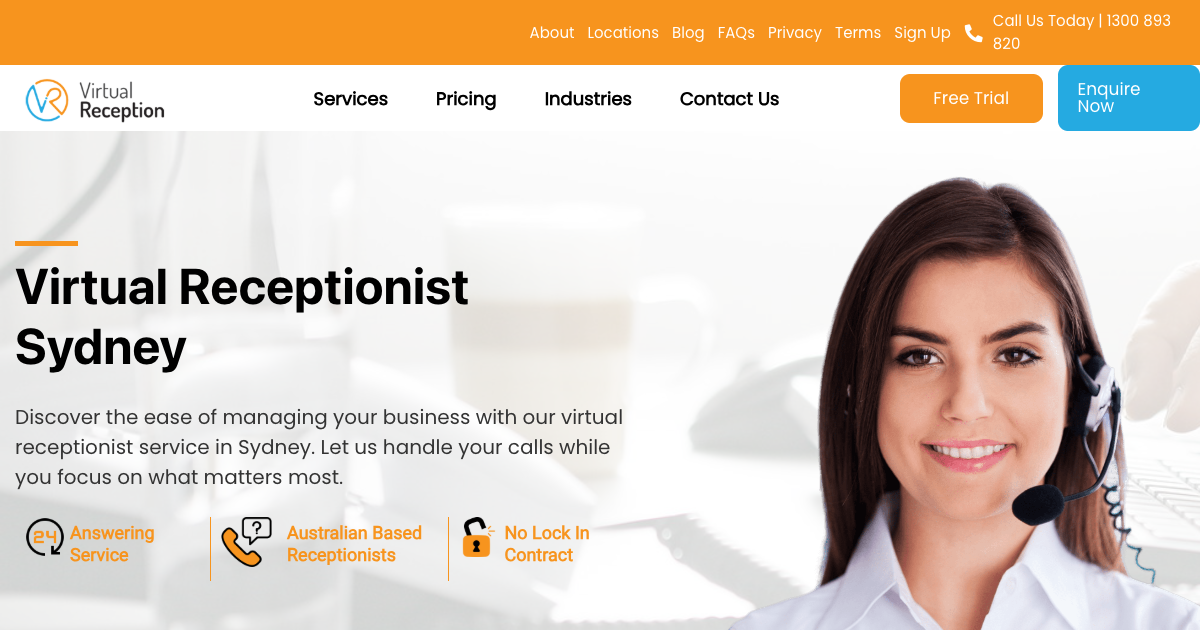 Virtual Receptionist Sydney homepage showing Australian-based call answering service for Sydney businesses