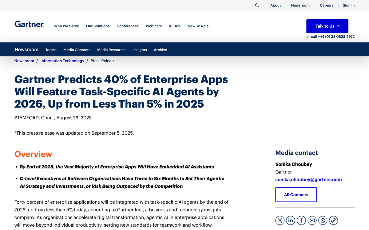 Gartner press release predicting 40% of enterprise apps will feature task specific AI agents by 2026 up from less than 5% in 2025
