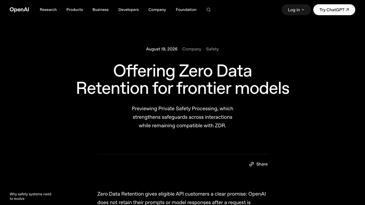 OpenAI announcement page headed Offering Zero Data Retention for frontier models, dated August 19 2026 and tagged Company and Safety