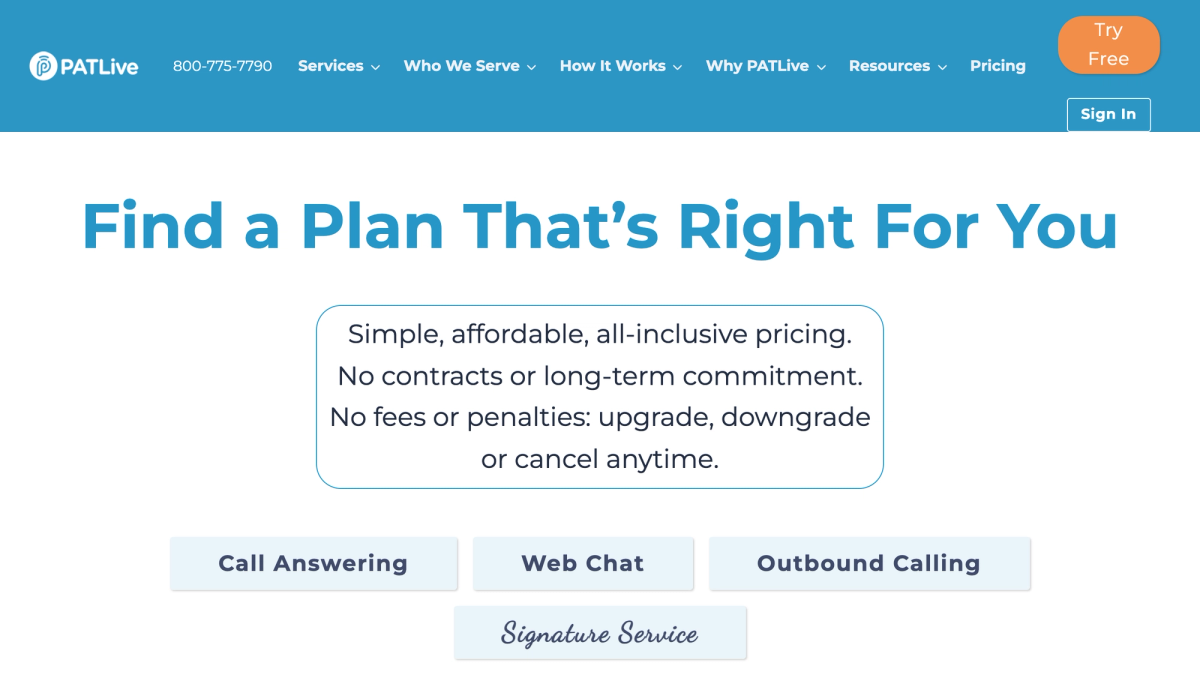 PATLive pricing page headline reading Find a Plan That is Right For You with call answering, web chat and outbound calling tabs