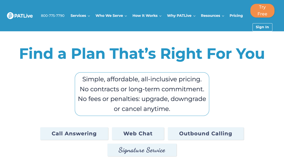 PATLive pricing page headline reading Find a Plan That is Right For You with call answering, web chat and outbound calling tabs