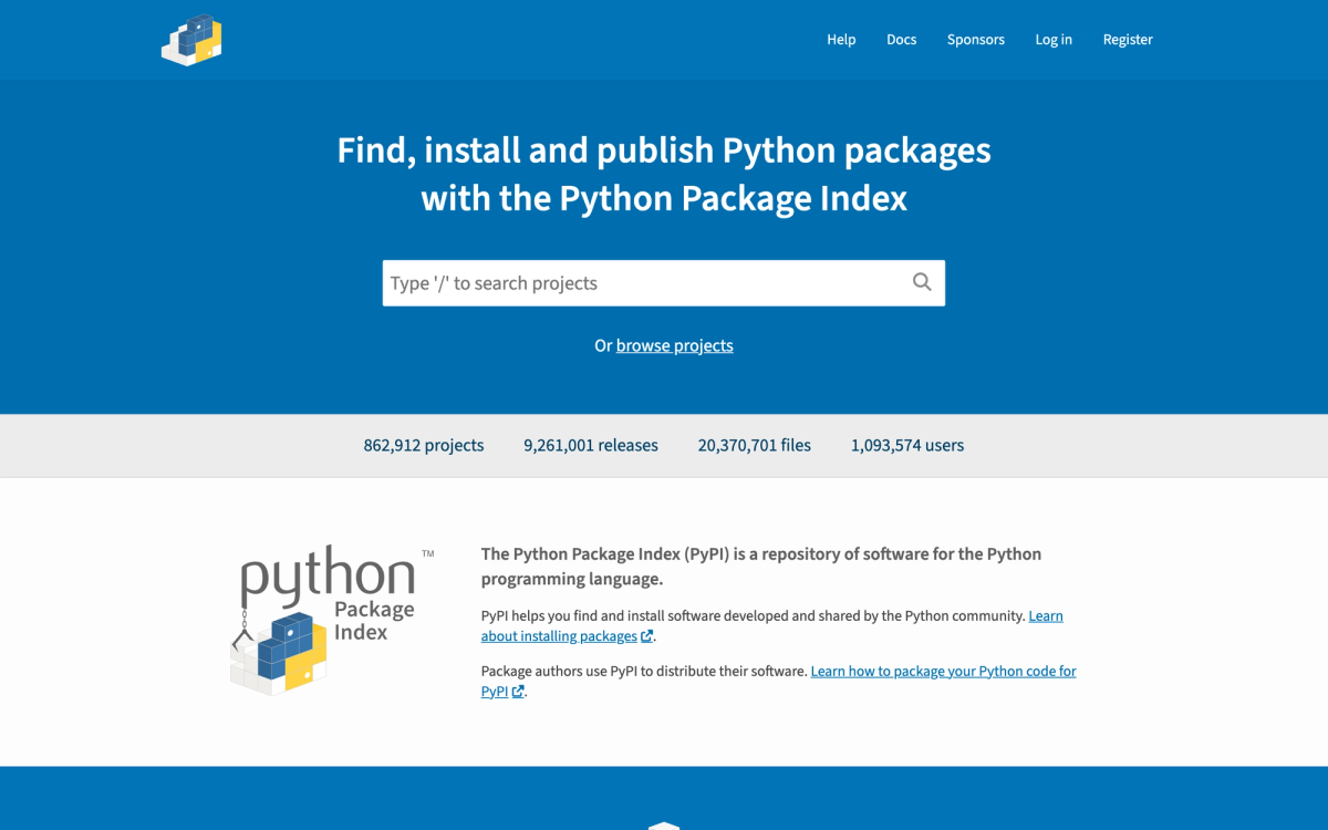 PyPI home page showing the Python Package Index with 862,912 projects and over 9.2 million releases available for public download