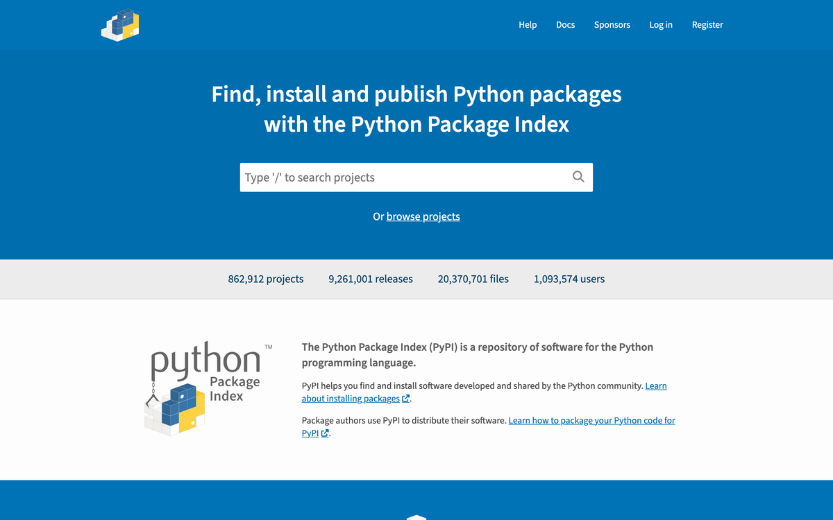 PyPI home page showing the Python Package Index with 862,912 projects and over 9.2 million releases available for public download
