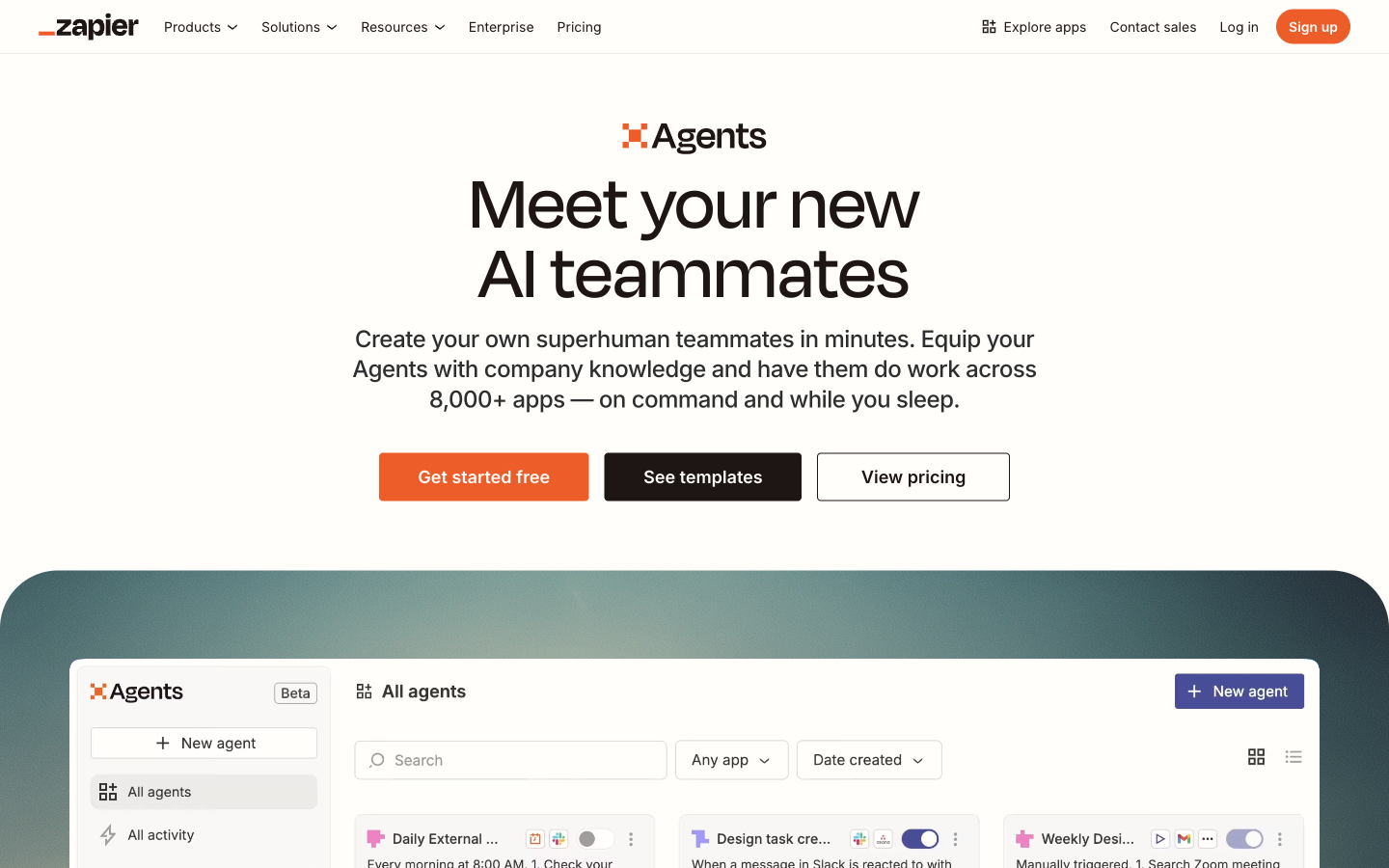 Zapier Agents page showing the no-code AI agent builder for business automation across 5,000+ apps