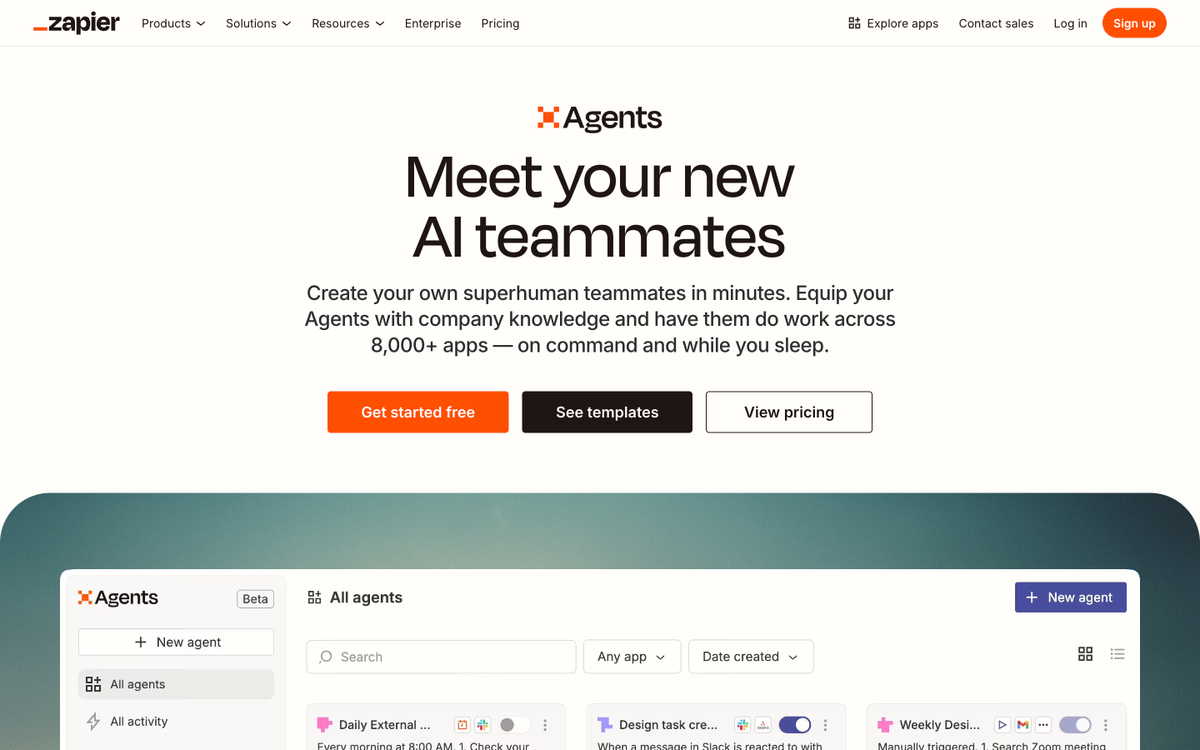 Zapier Agents page showing the no-code AI agent builder for business automation across 5,000+ apps