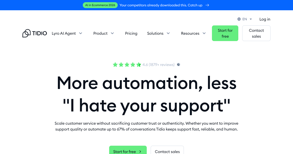 Tidio customer service automation platform homepage showing AI chatbot tools for small businesses