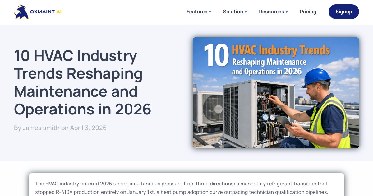 Oxmaint HVAC industry trends 2026 showing AI predictive maintenance statistics including 50% downtime reduction and 3 to 8 week advance failure detection windows