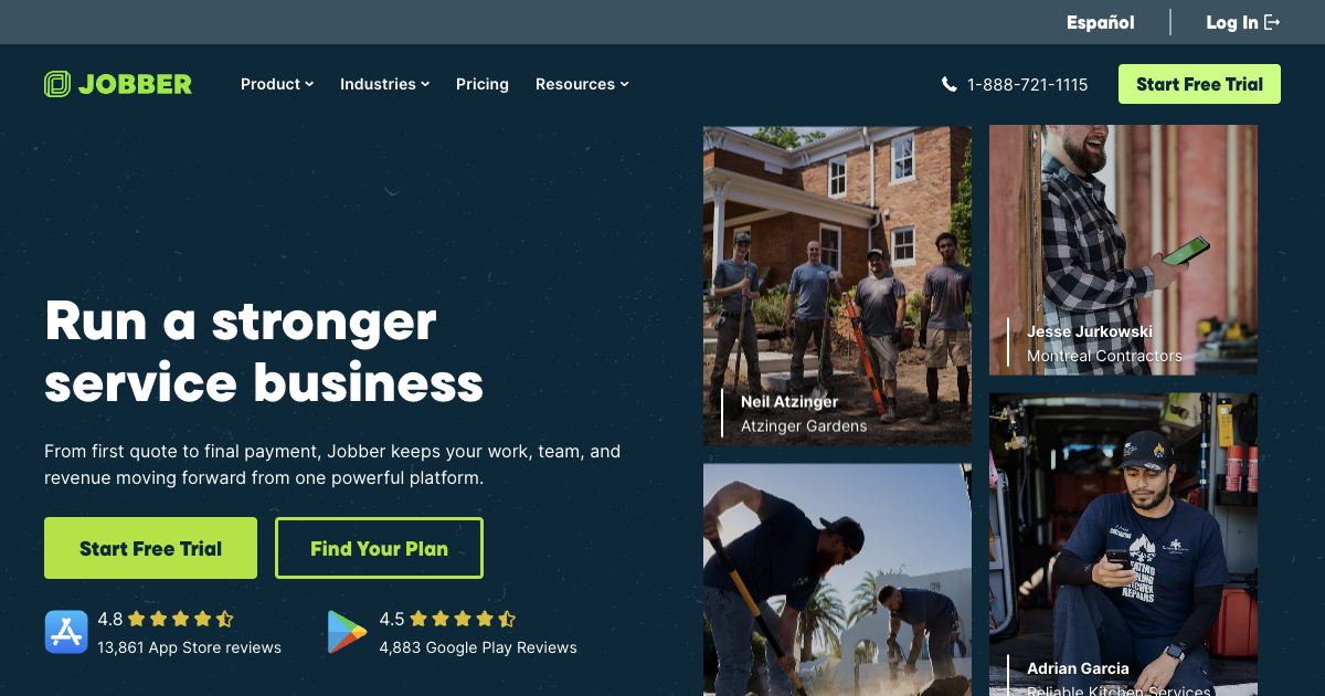 Jobber homepage showing job management software for home service businesses including scheduling and client communication