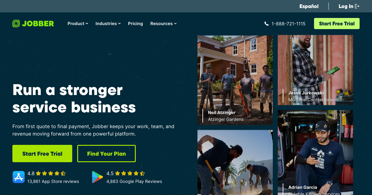 Jobber homepage showing job management software for home service businesses including scheduling and client communication