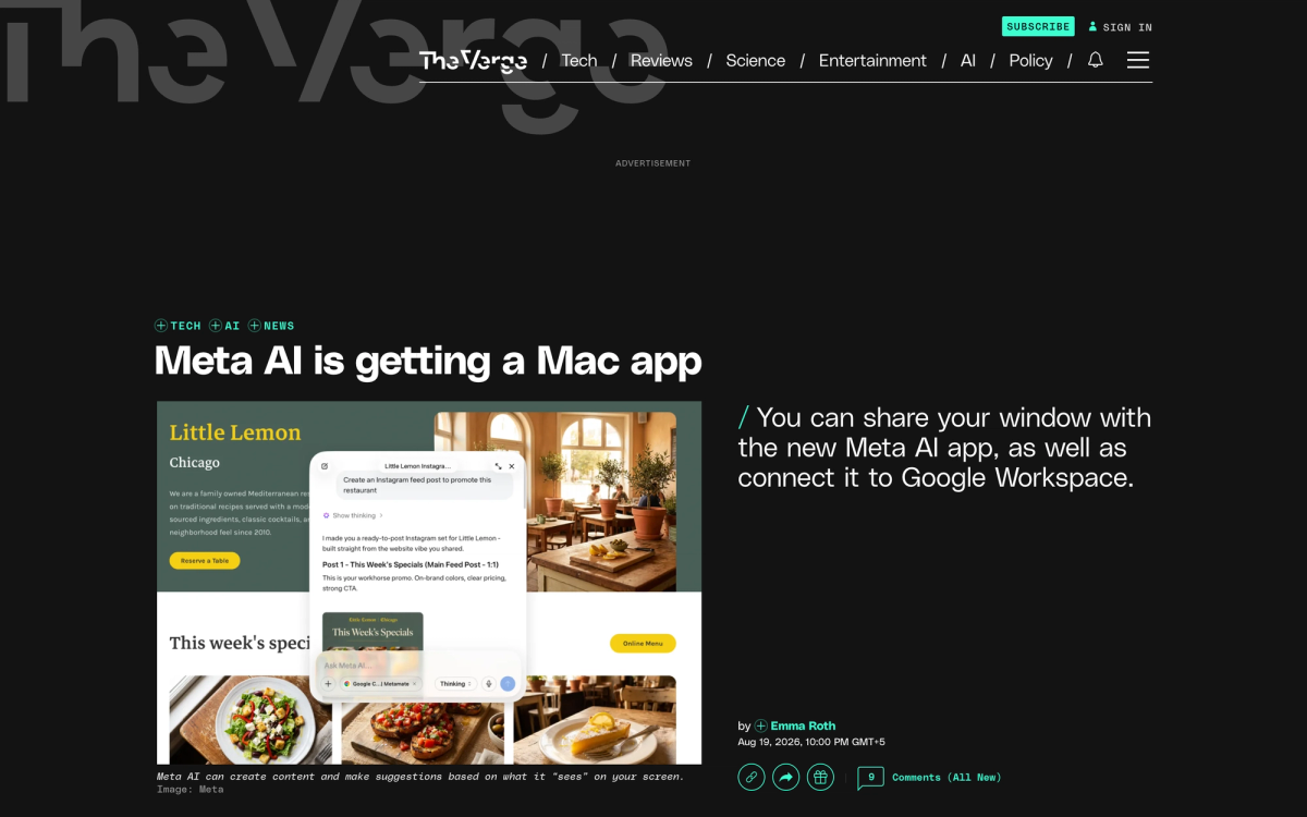 The Verge article headline announcing the Meta AI Mac app with a product screenshot showing the assistant reading an on screen window