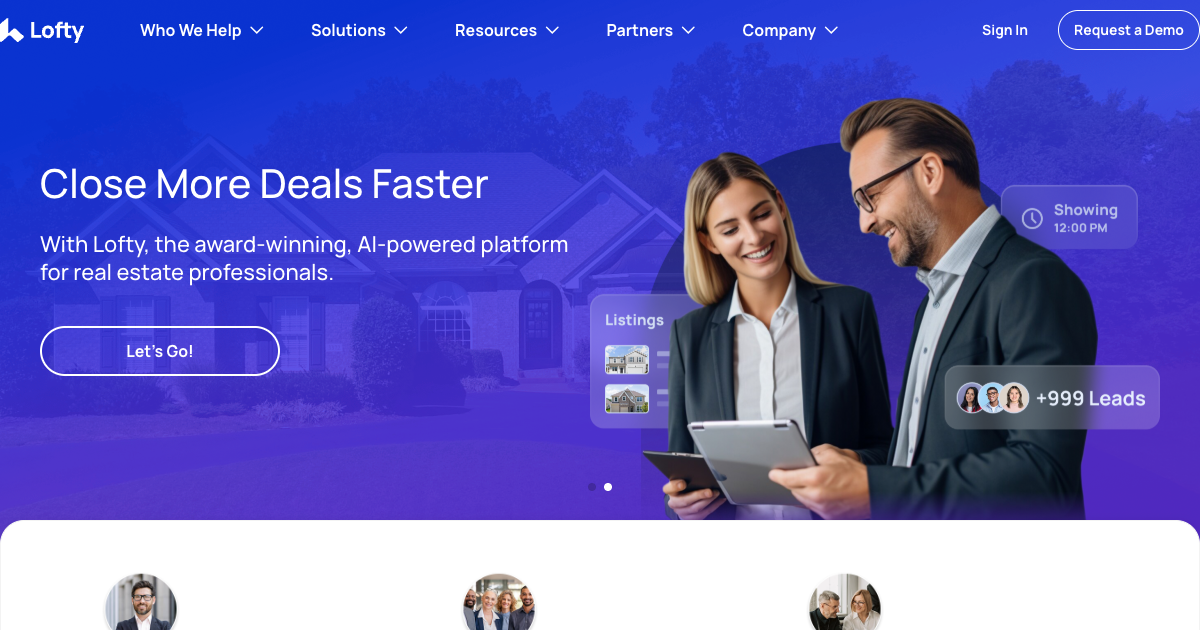 Lofty AOS agentic AI operating system homepage showing autonomous sales agent and AI tools for real estate teams