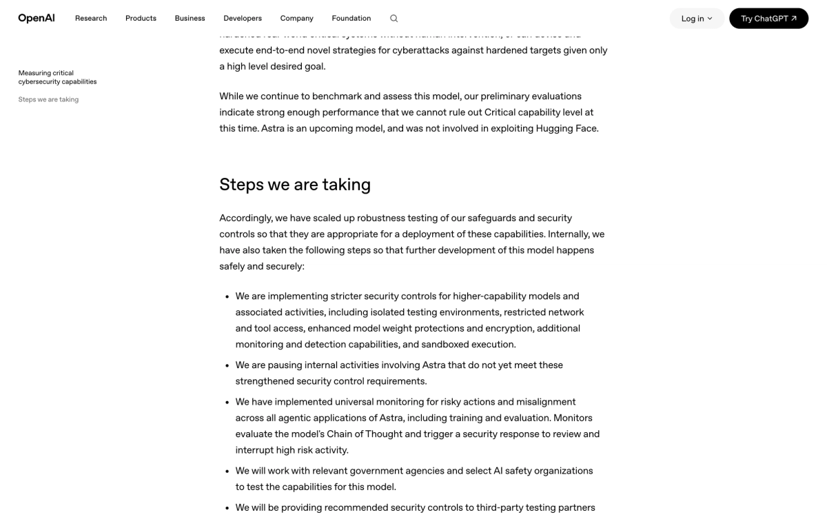 OpenAI blog post section titled Steps we are taking, listing isolated testing environments, restricted network and tool access, model weight protections, monitoring, and sandboxed execution