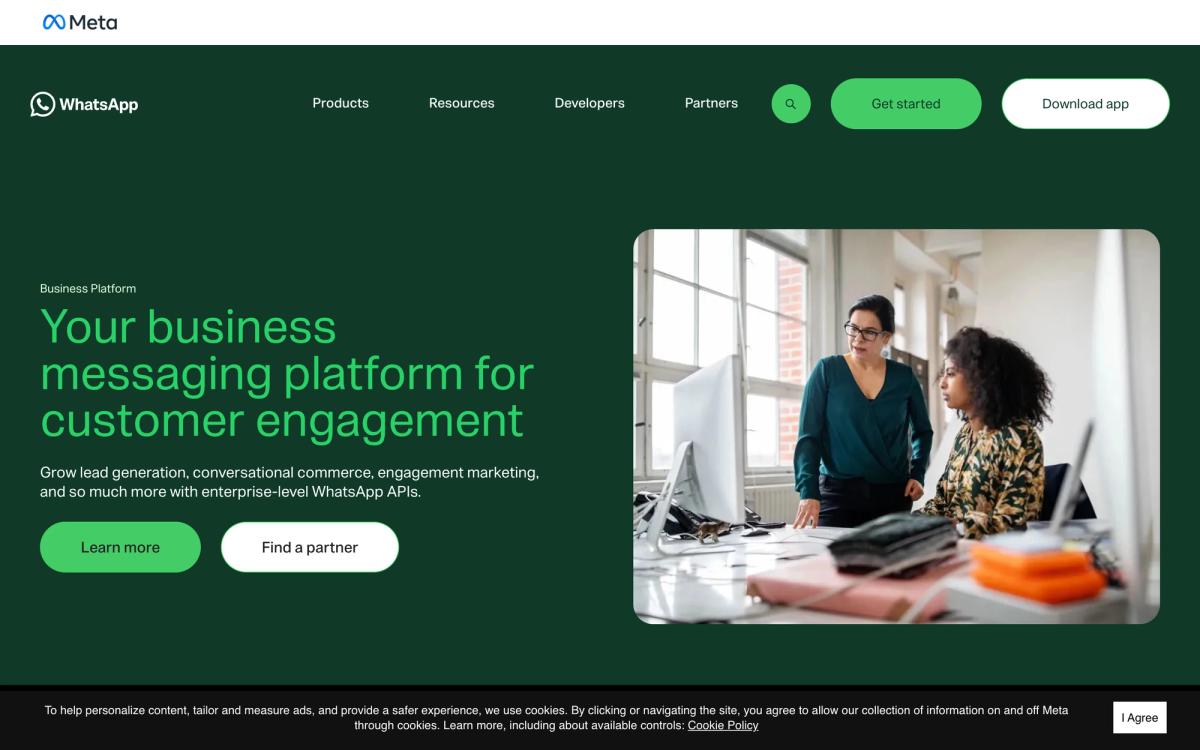 WhatsApp Business Platform landing page on business.whatsapp.com offering enterprise-level WhatsApp APIs for lead generation and conversational commerce