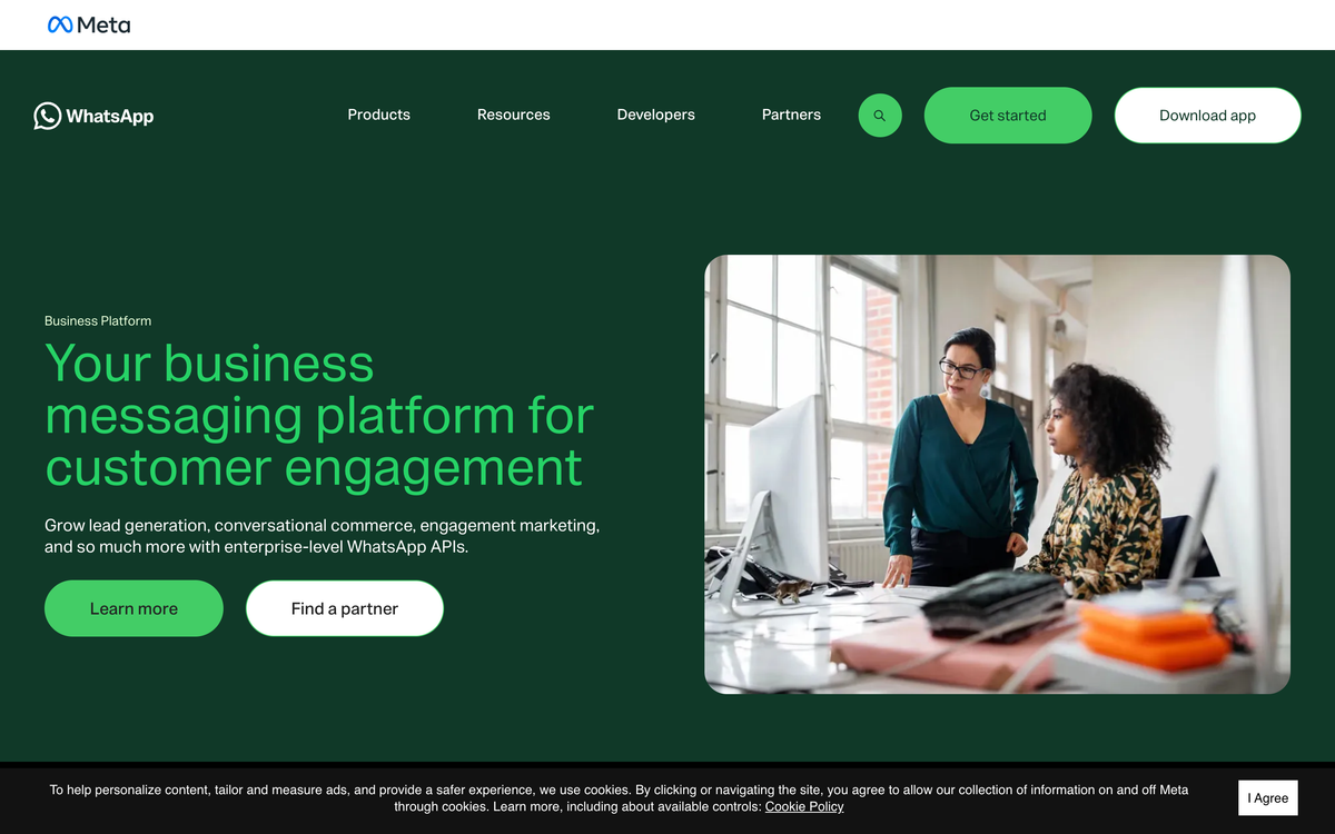 WhatsApp Business Platform landing page on business.whatsapp.com offering enterprise-level WhatsApp APIs for lead generation and conversational commerce