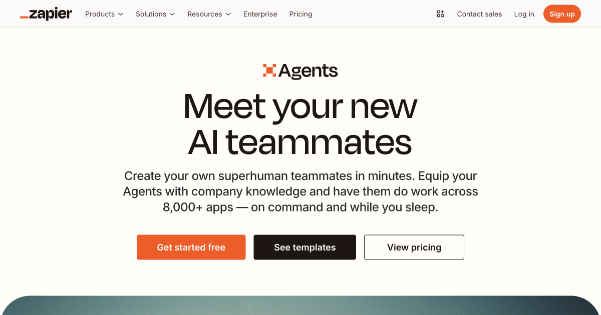 Zapier Agents page showing the AI-powered workflow builder with natural language task creation for business automation