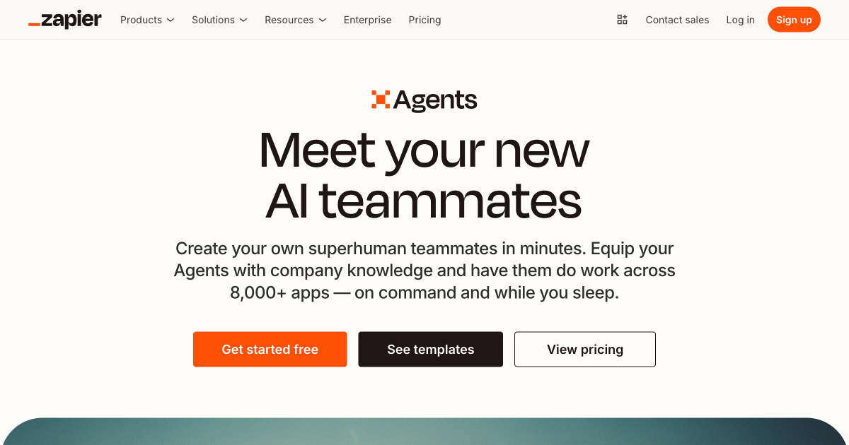 Zapier Agents page showing the AI-powered workflow builder with natural language task creation for business automation