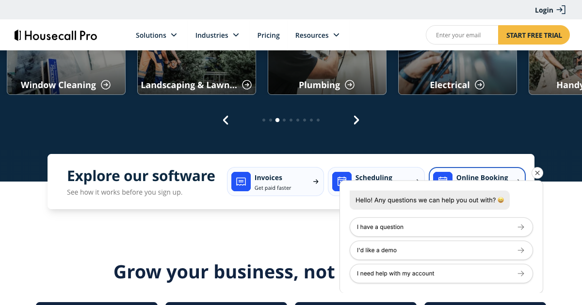 Housecall Pro homepage showing field service management platform for contractors with scheduling and dispatch