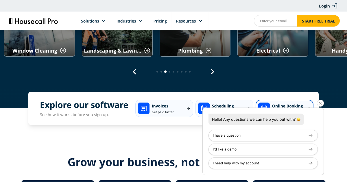 Housecall Pro homepage showing field service management platform for contractors with scheduling and dispatch