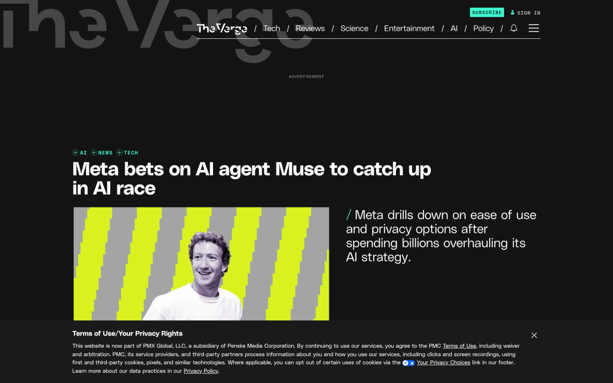 The Verge headline reading Meta bets on AI agent Muse to catch up in AI race