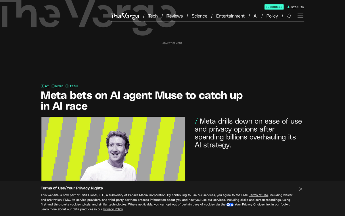 The Verge headline reading Meta bets on AI agent Muse to catch up in AI race