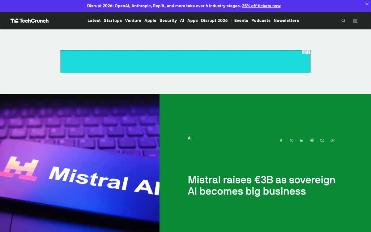 TechCrunch article headlined Mistral raises €3B as sovereign AI becomes big business