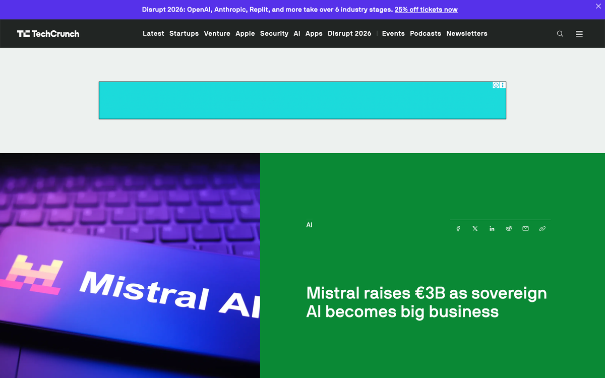 TechCrunch article headlined Mistral raises €3B as sovereign AI becomes big business