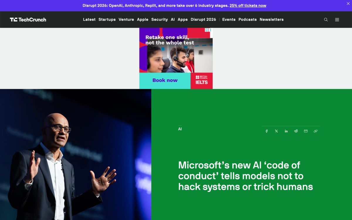 TechCrunch headline reading Microsoft's new AI code of conduct tells models not to hack systems or trick humans