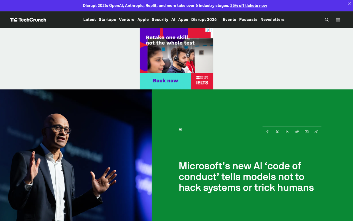 TechCrunch headline reading Microsoft's new AI code of conduct tells models not to hack systems or trick humans