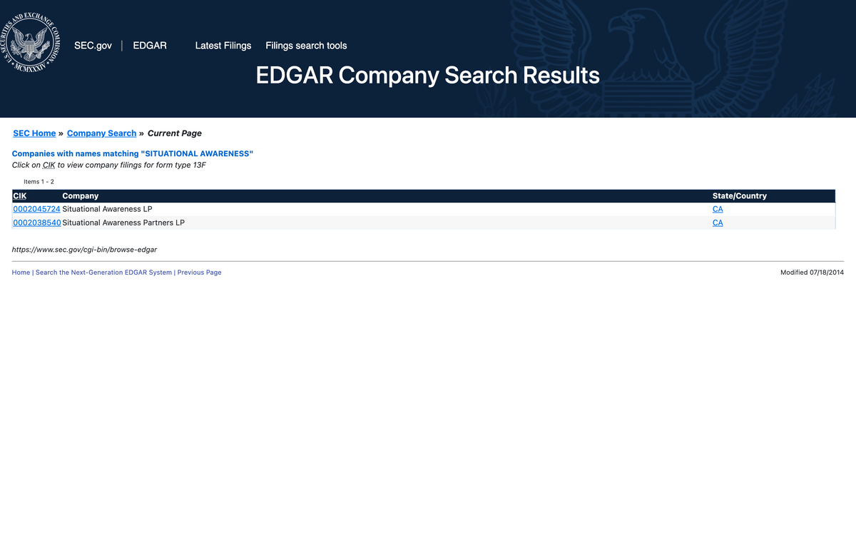 EDGAR company search results listing Situational Awareness LP and Situational Awareness Partners LP with their CIK numbers