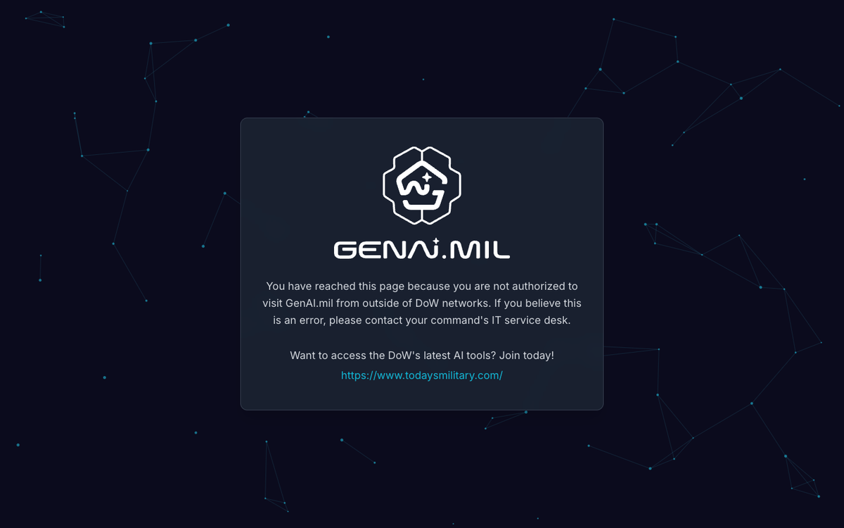 GenAI.mil access denied page showing the platform exists for Department of War personnel only