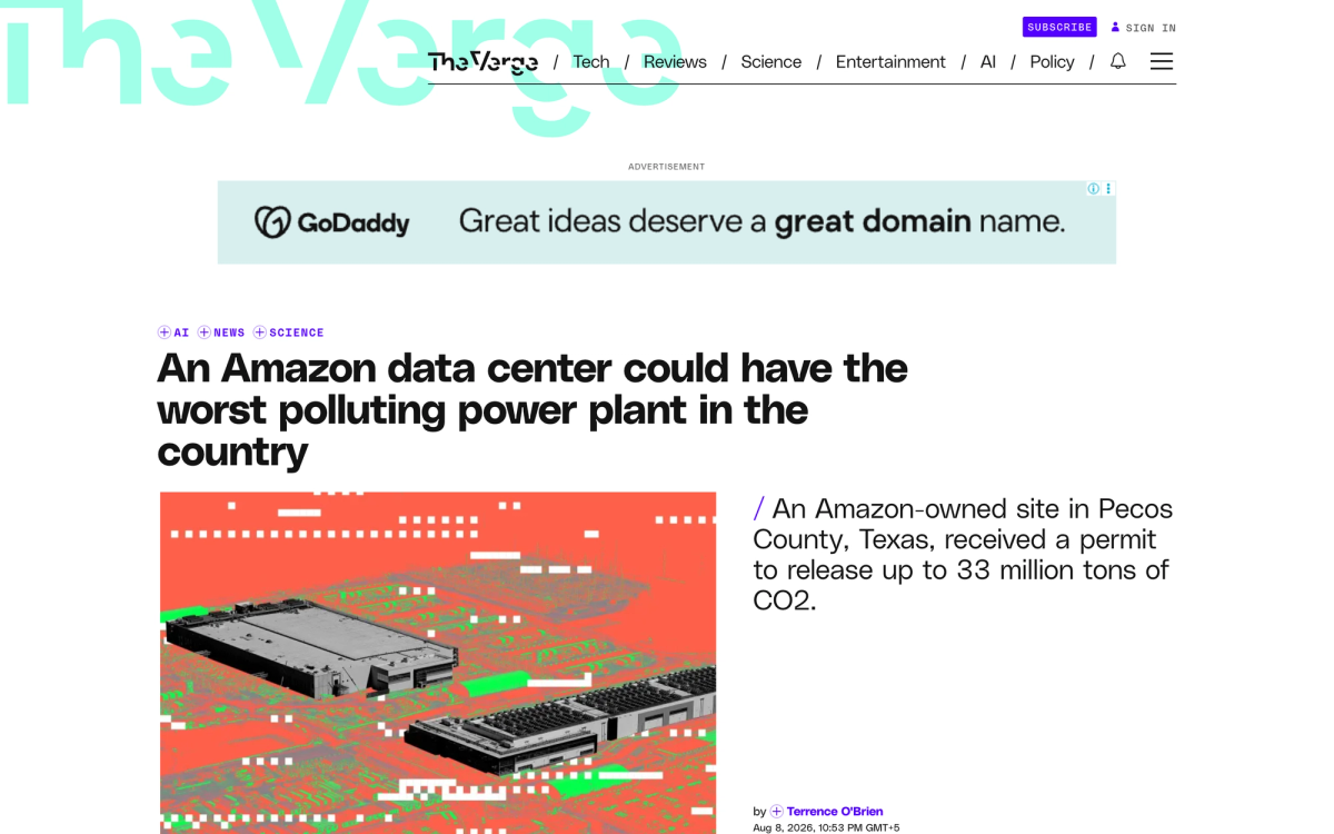 The Verge article headline reading An Amazon data center could have the worst polluting power plant in the country, with a standfirst noting the Pecos County site received a permit to release up to 33 million tons of CO2