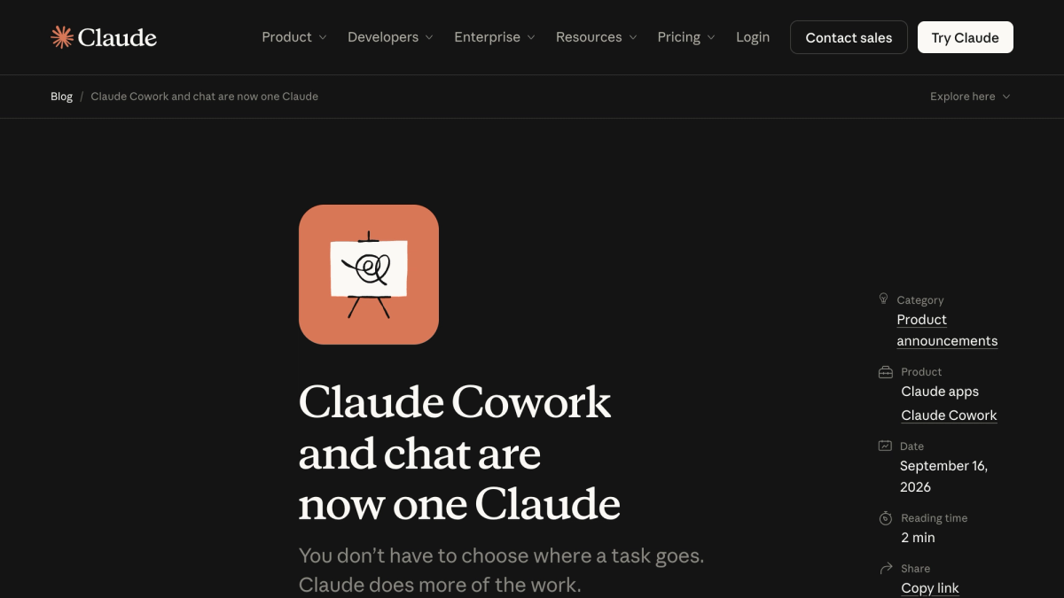 Anthropic's announcement page for Claude Cowork and chat merging into one Claude, dated September 16 2026