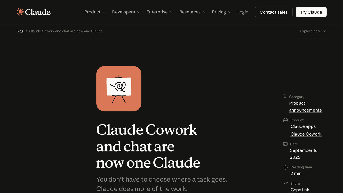 Anthropic's announcement page for Claude Cowork and chat merging into one Claude, dated September 16 2026