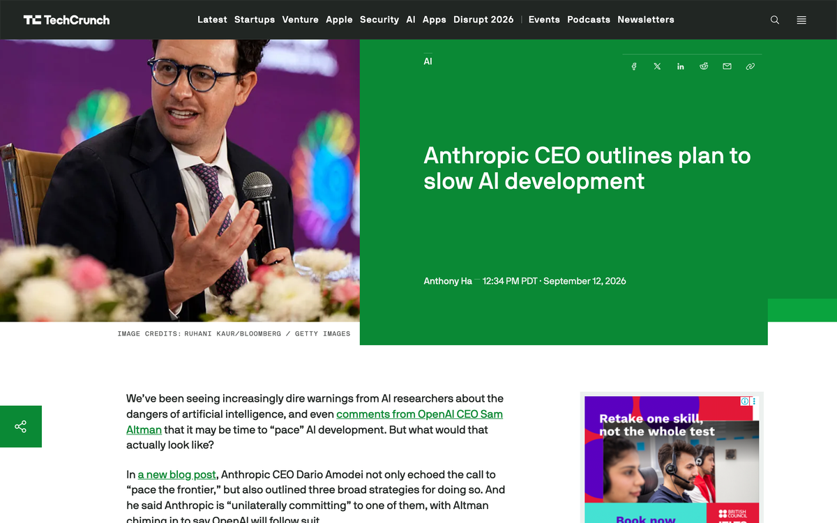 TechCrunch article headlined Anthropic CEO outlines plan to slow AI development, bylined Anthony Ha at 12:34 PM PDT on September 12 2026, with a photo of Dario Amodei speaking into a microphone