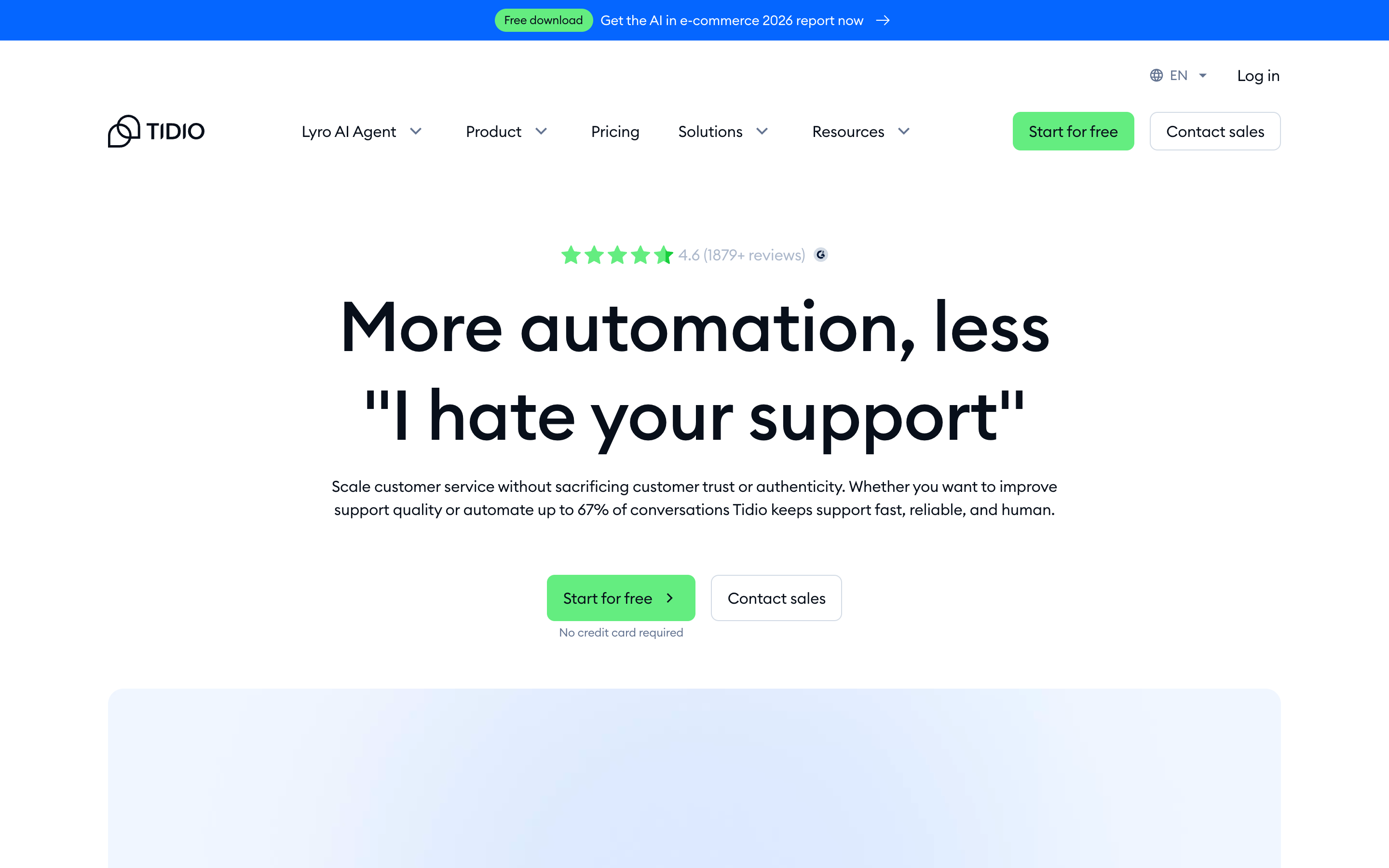 Tidio conversational AI platform homepage showing AI-powered customer service chat for small businesses