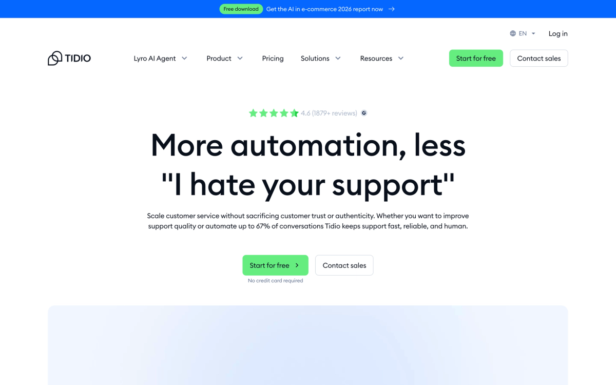 Tidio conversational AI platform homepage showing AI-powered customer service chat for small businesses