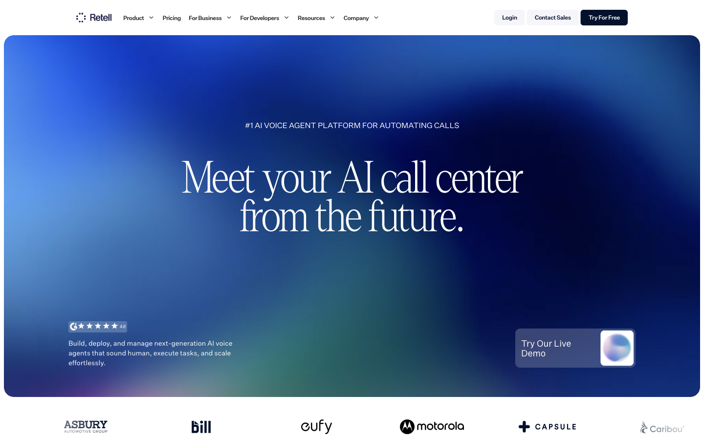 Retell AI homepage promoting AI voice agent platform for automating calls with enterprise customer logos