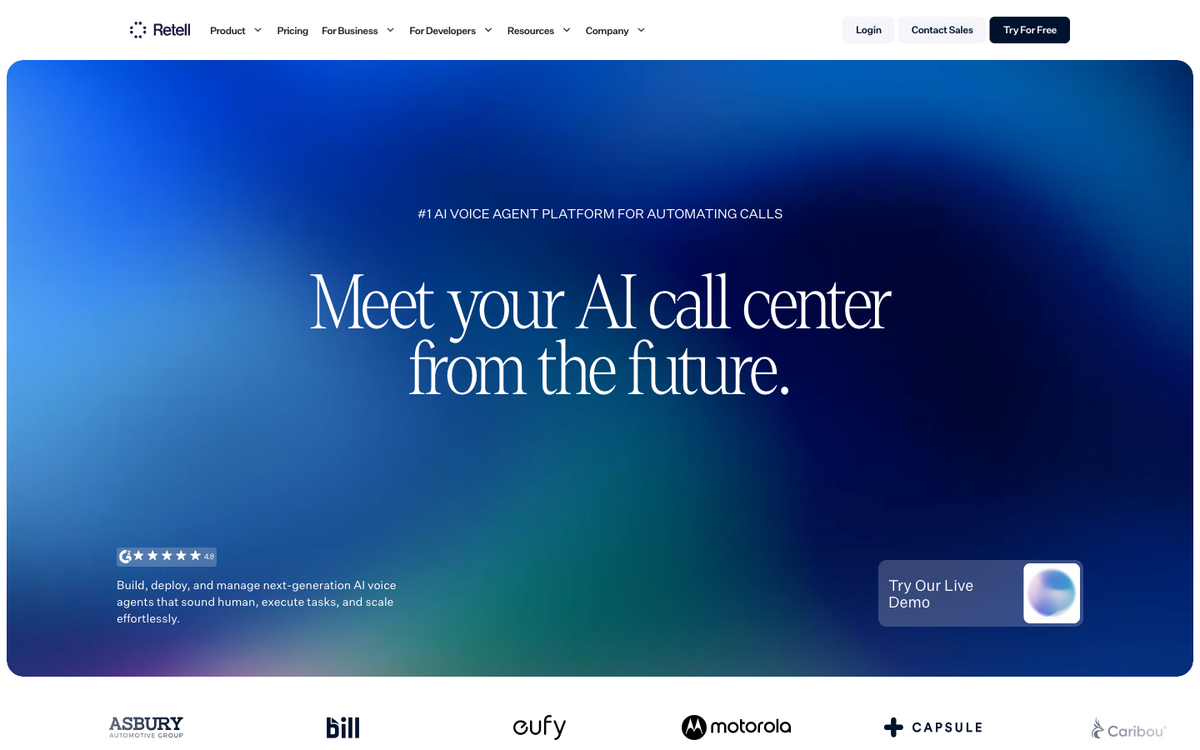 Retell AI homepage promoting AI voice agent platform for automating calls with enterprise customer logos