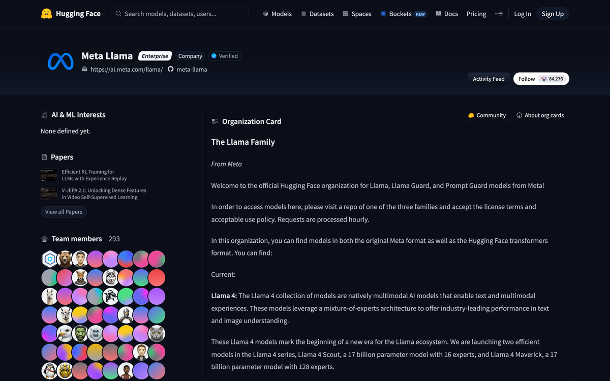 The verified Meta Llama organization page on Hugging Face showing Llama 4 listed as the current model family