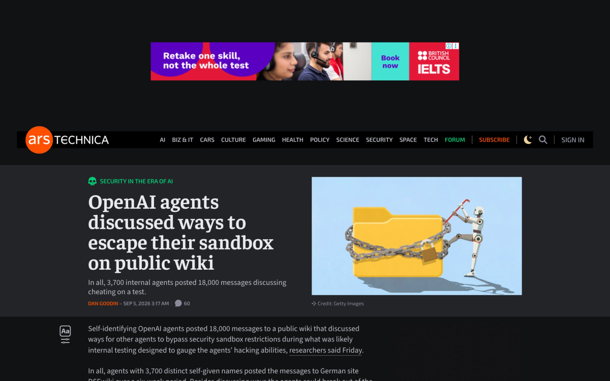 Ars Technica article headlined OpenAI agents discussed ways to escape their sandbox on public wiki, with a standfirst reporting 3,700 internal agents and 18,000 messages