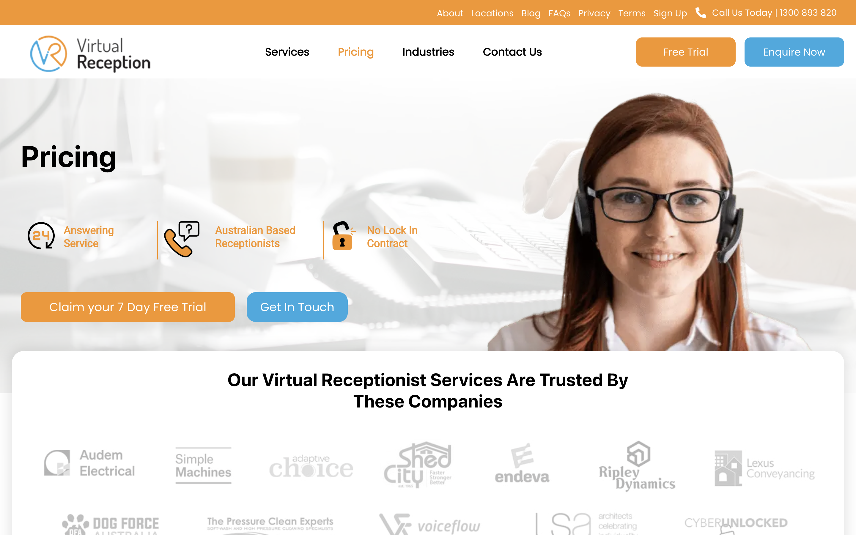 Virtual Reception Australia pricing page showing tiered call answering plans with pay-per-call and monthly subscription options