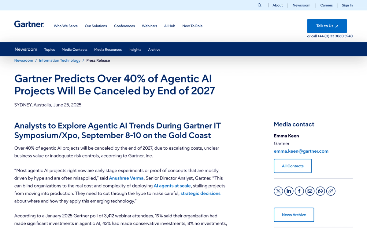 Gartner press release predicting over 40 percent of agentic AI projects will be canceled by 2027