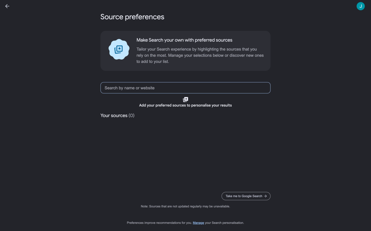 Google Source preferences tool showing an empty Your sources list with a search by name or website box