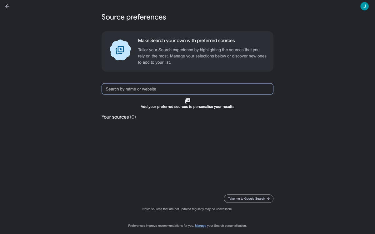 Google Source preferences tool showing an empty Your sources list with a search by name or website box
