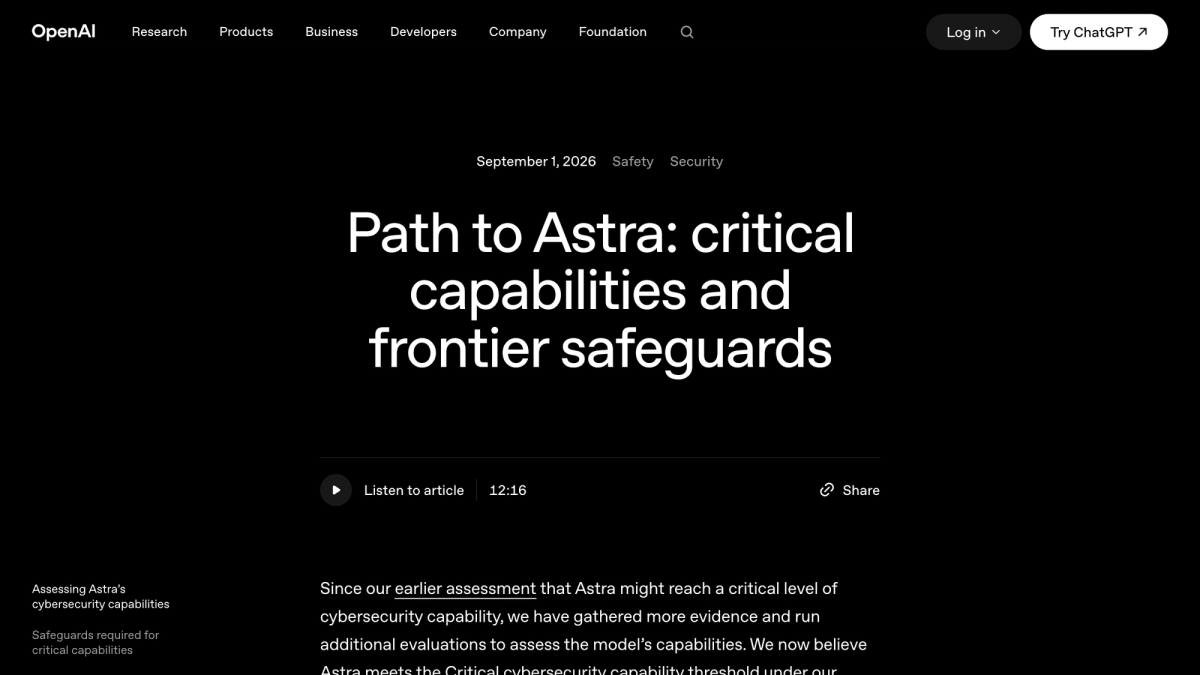 OpenAI's Path to Astra release note dated September 1 2026, headlined critical capabilities and frontier safeguards