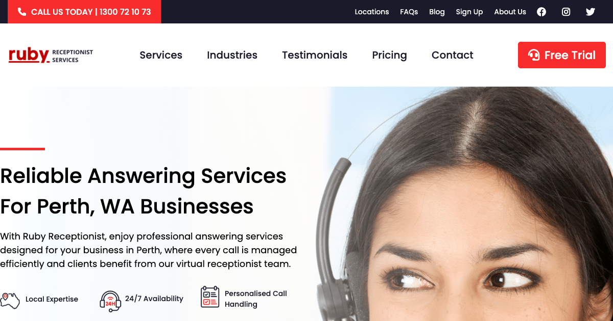 Ruby Receptionist Perth phone answering services page showing professional virtual receptionist options for Western Australia businesses