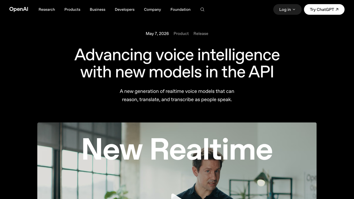 OpenAI announcement page for the May 7 2026 launch of GPT-Realtime-2, GPT-Realtime-Translate, and GPT-Realtime-Whisper voice models